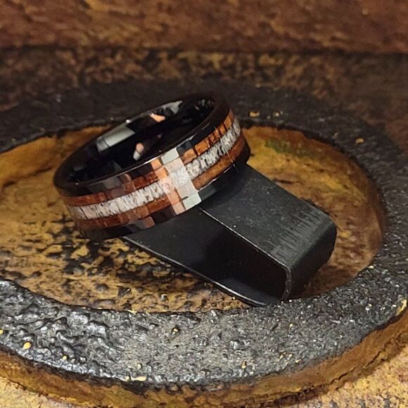 Personalized Engraved Men's Black Tungsten Wedding Ring Bone and Koa Wood - Picture 7 of 7